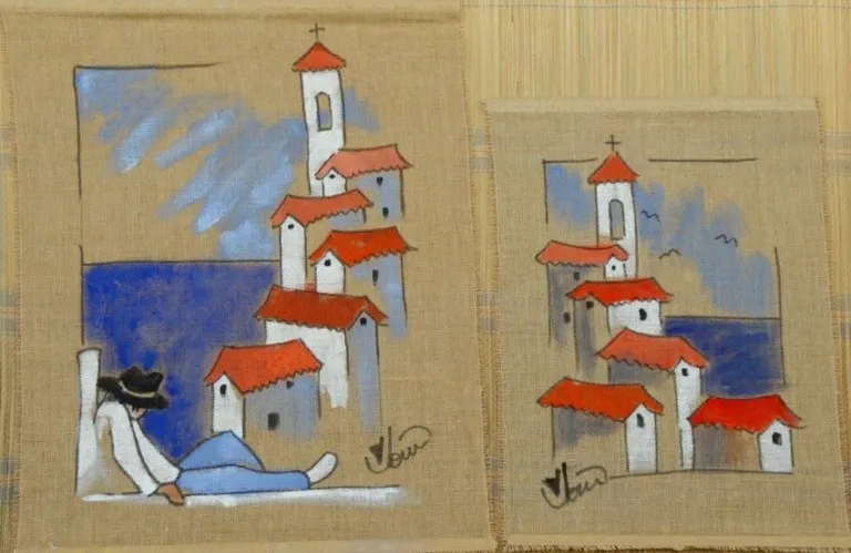 tableau toile de jute modèle village tableau toile de jute modèle village